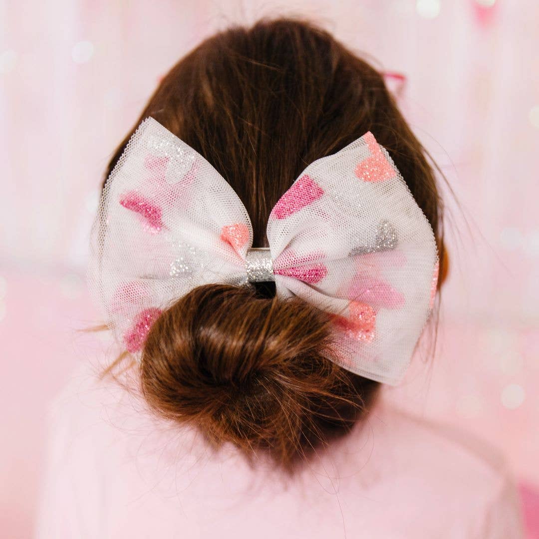 Glitter Heart Tulle Bow Clip- Kids Valentine's Day Hair Clip