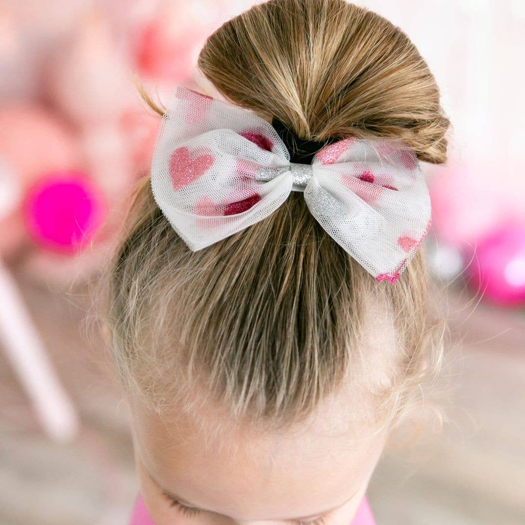 Glitter Heart Tulle Bow Clip- Kids Valentine's Day Hair Clip