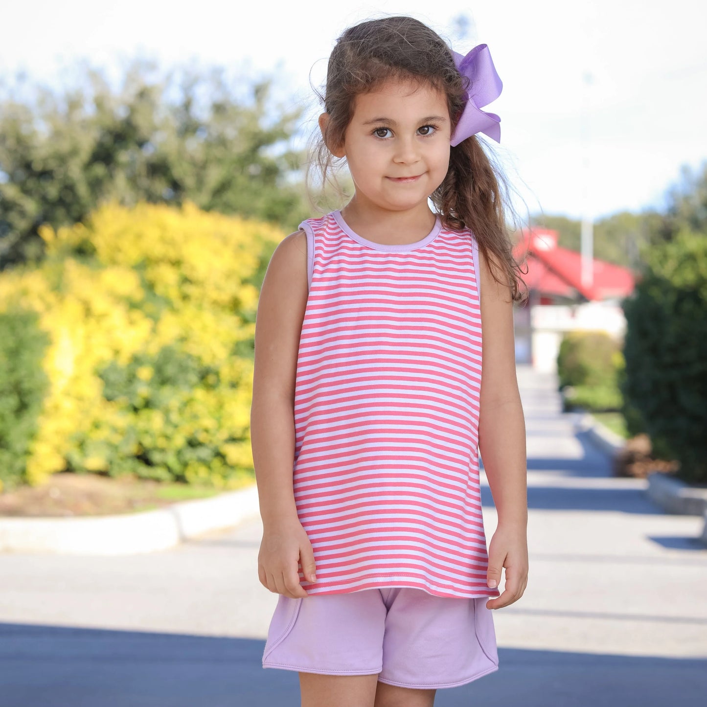 Abby Bow Back Short Set- Pink Stripe/Lavender