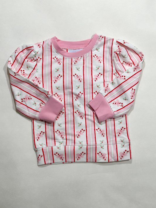 Polly Puff Sleeve Crewneck- Candy Cane Kisses (Pennington Bay Pink)