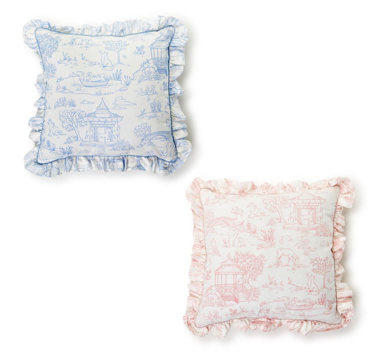 BABY ANIMAL TOILE DECORATIVE PILLOW WITH RUFFLE DETAIL AND ZIPPER CLOSURE