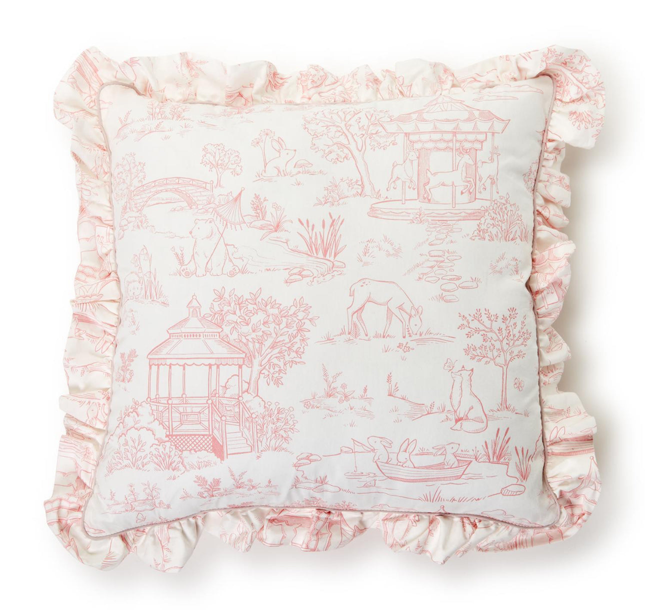 BABY ANIMAL TOILE DECORATIVE PILLOW WITH RUFFLE DETAIL AND ZIPPER CLOSURE