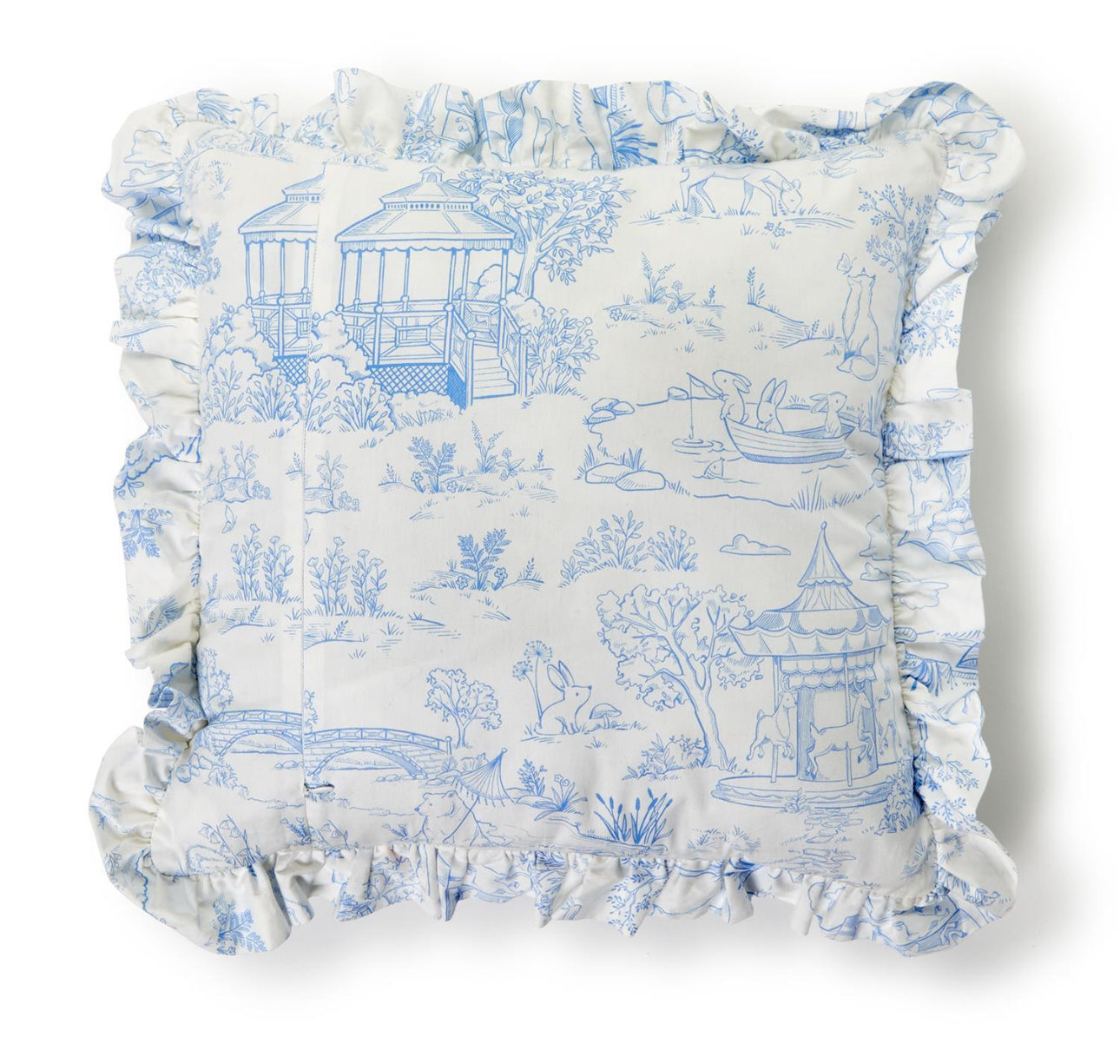 BABY ANIMAL TOILE DECORATIVE PILLOW WITH RUFFLE DETAIL AND ZIPPER CLOSURE