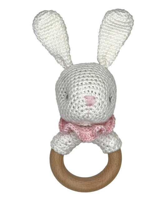 Bunny Bamboo Crochet Woodring Rattle - Pink